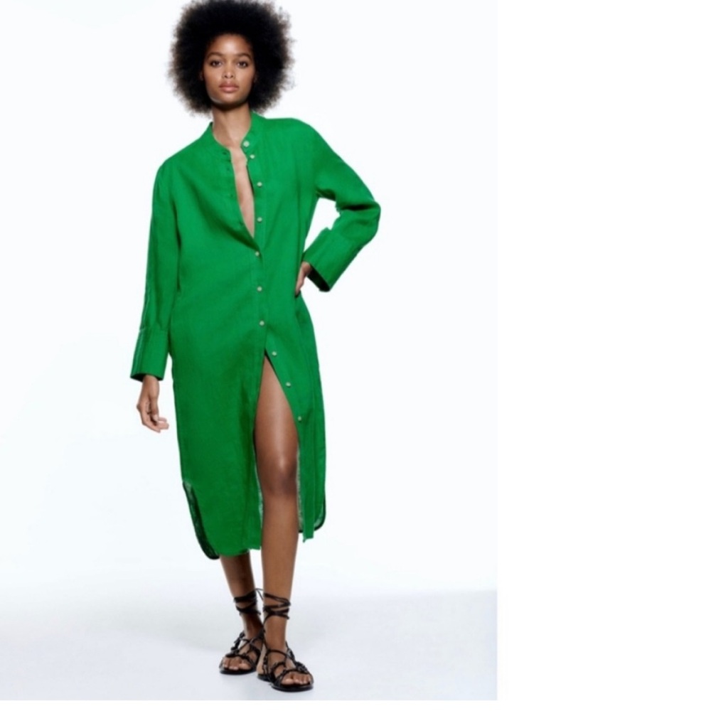 Zara Green Linen Longline Long Sleeve Tunic Button Down Dress Cover Up Small - Picture 6 of 13